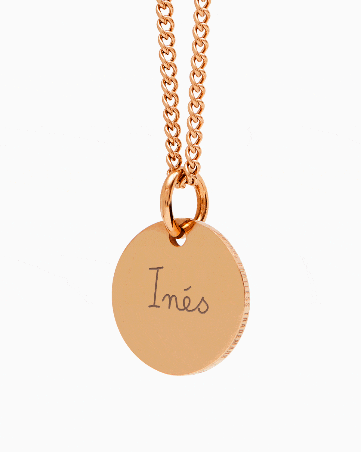 Colgante Circle® en oro rosa con el nombre Inés grabado y cadena Botany