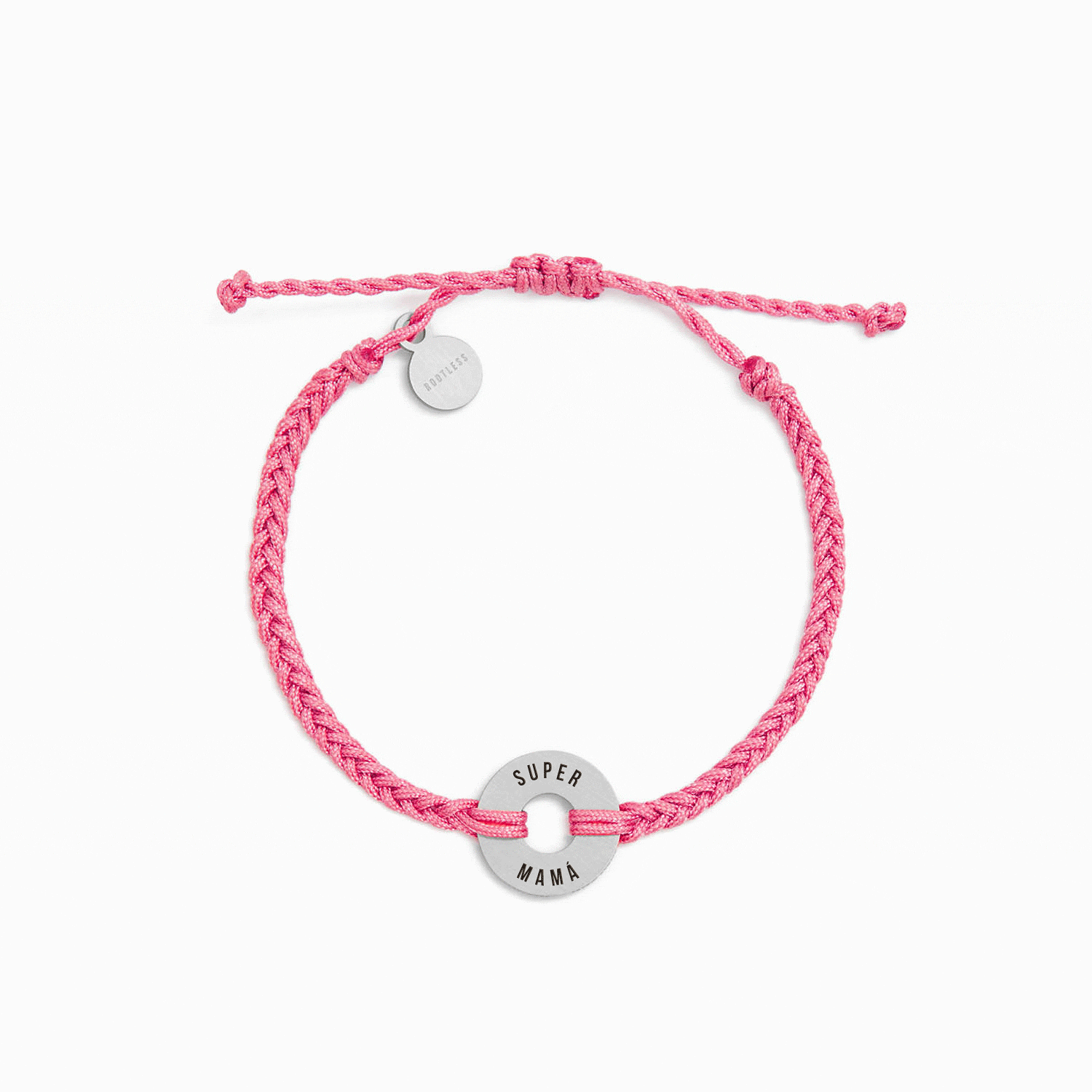 Pulsera MyWord® con cordón rosa trenzado y anilla en acero grabada SUPER MAMÁ