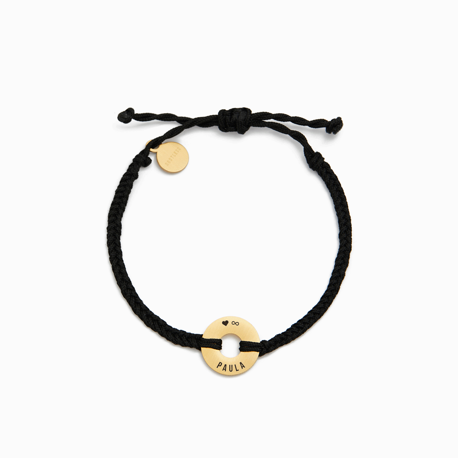 Pulsera MyWord® con cordón negro trenzado y anilla dorada grabada