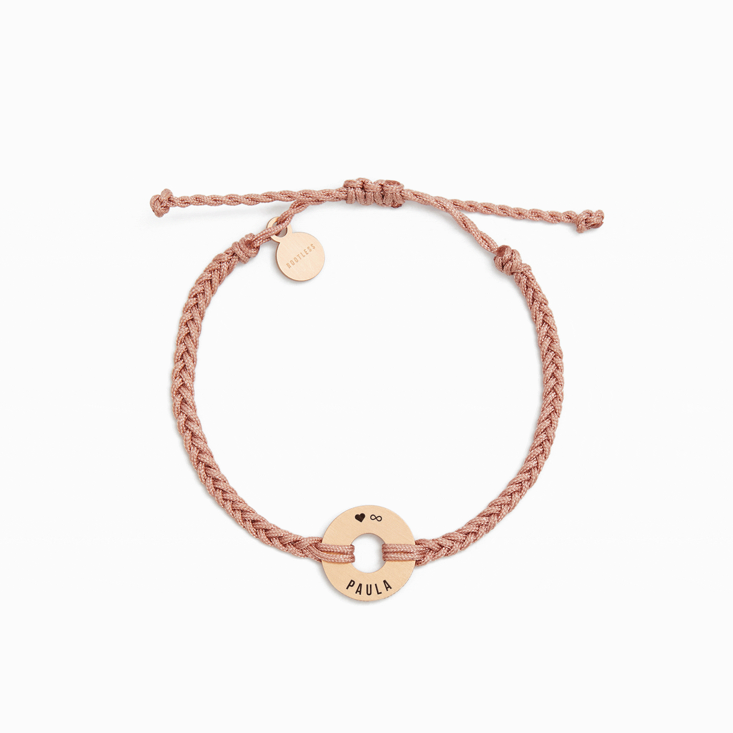 Pulsera MyWord® con cordón nude trenzado y anilla de oro rosa grabada