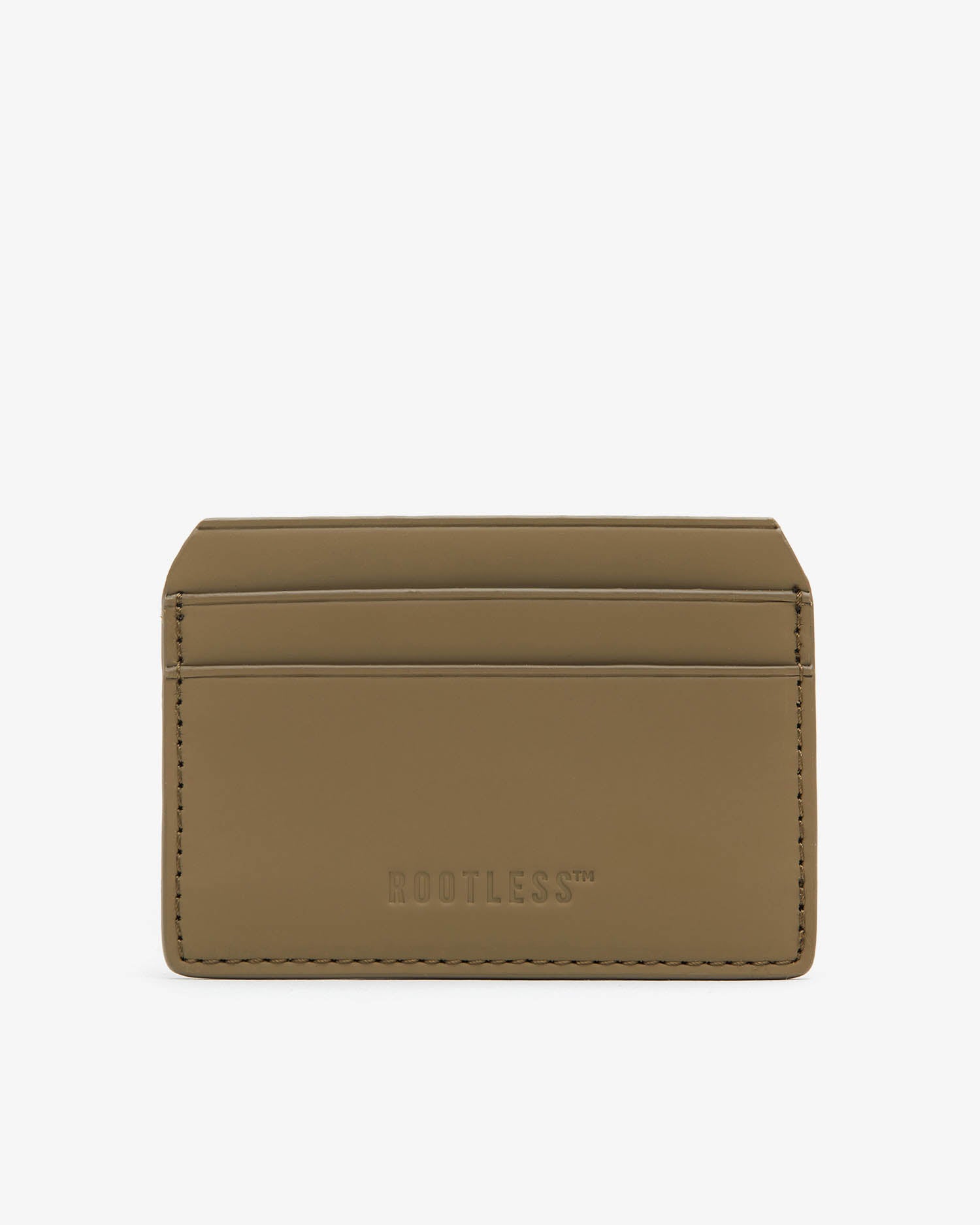 Tarjetero Saints® en verde oliva con logo ROOTLESS, visto de frente