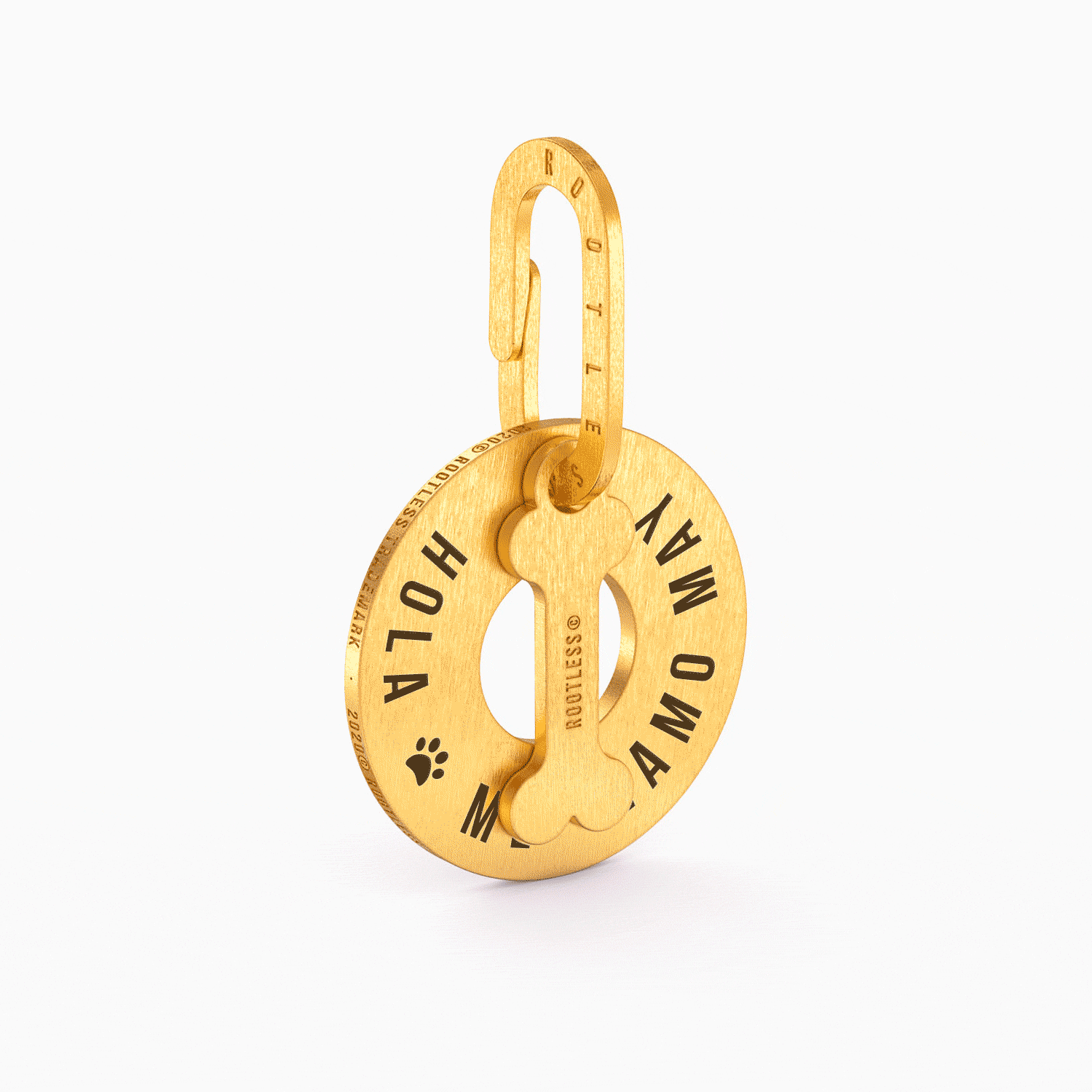 Placa PetID® dorada con charm de hueso y grabado personalizado