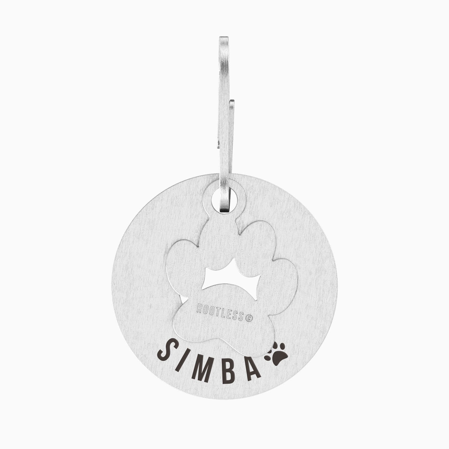 Placa PetID® con charm de huella y el nombre SIMBA grabado
