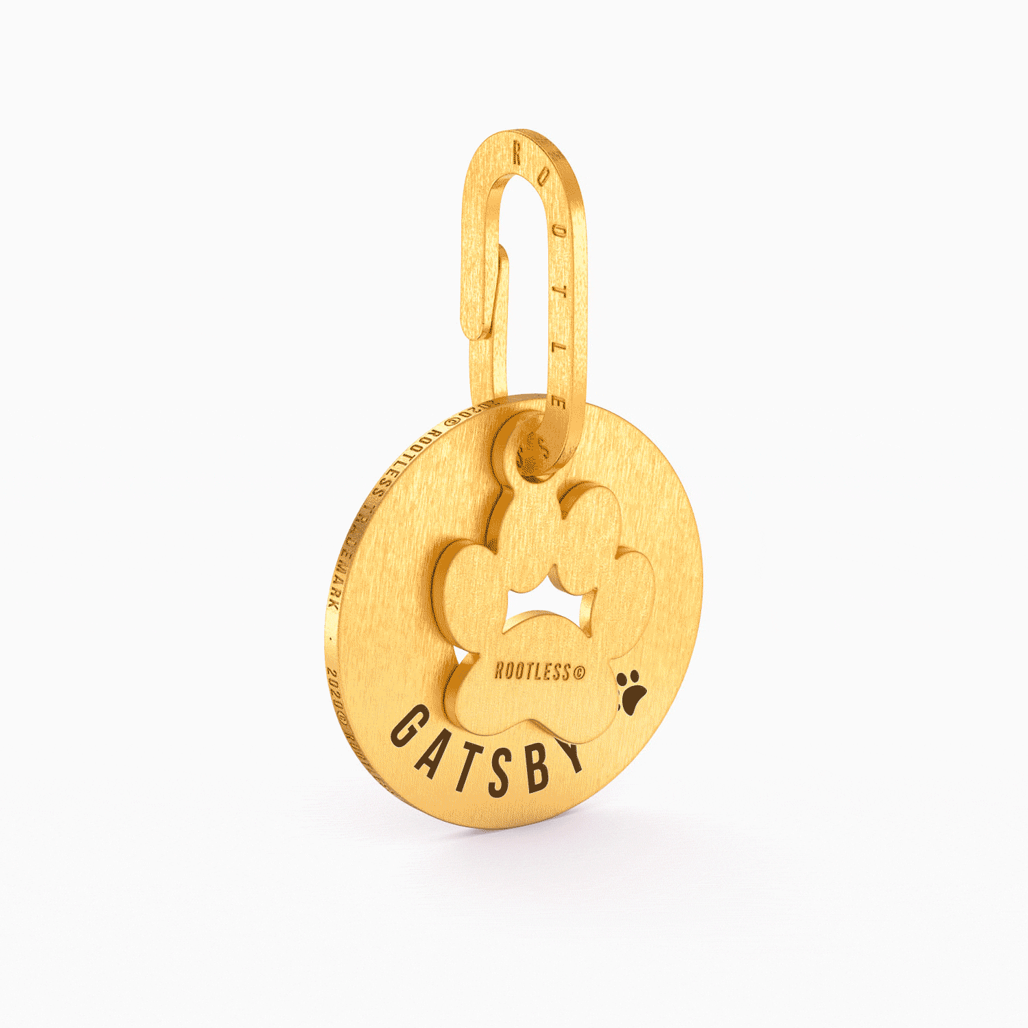 Placa PetID® dorada con charm de huella y el nombre GATSBY grabado