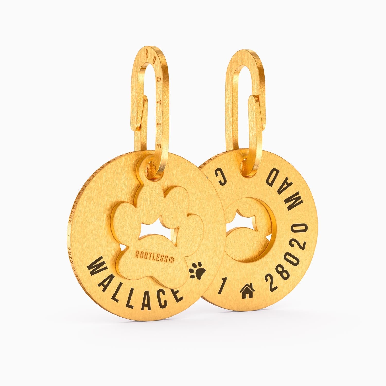 Dos placas PetID® doradas con charm de huella grabadas por ambas caras