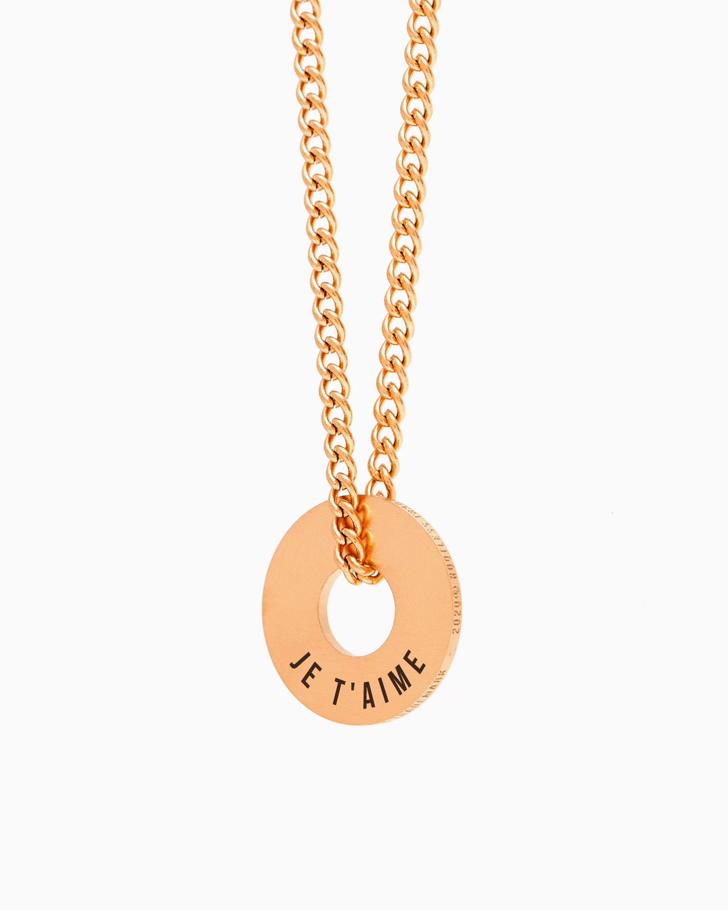 Anilla® en oro rosa con JE T'AIME grabado, montada en la cadena Botany