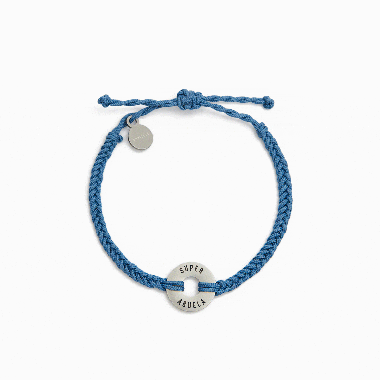 Pulsera MyWord® con cordón azul trenzado y anilla en acero grabada SUPER ABUELA