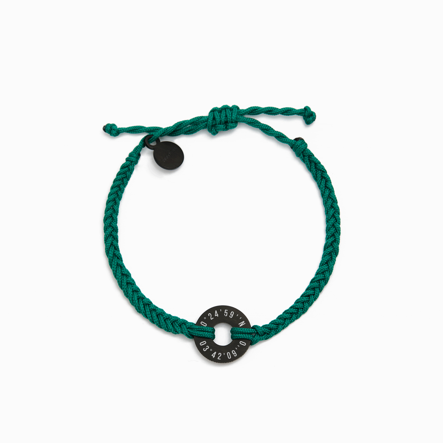 Pulsera MyWord® con cordón verde bosque, anilla negra grabada y cierre corredizo