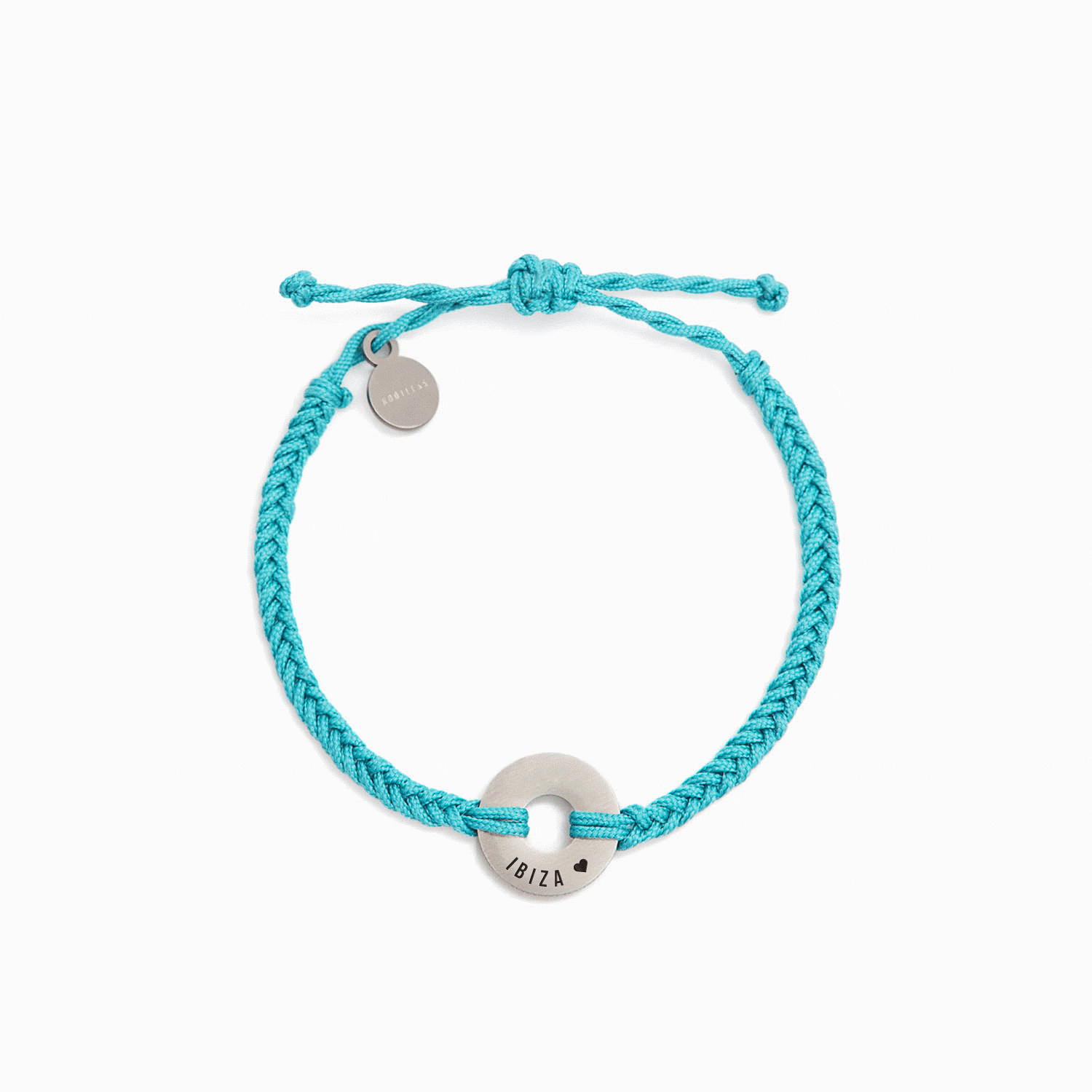 Pulsera MyWord® con cordón azul Formentera trenzado y anilla en acero grabada