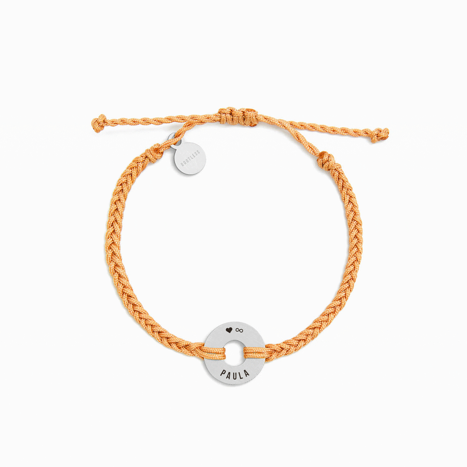 Pulsera MyWord® con cordón naranja trenzado y anilla en acero grabada