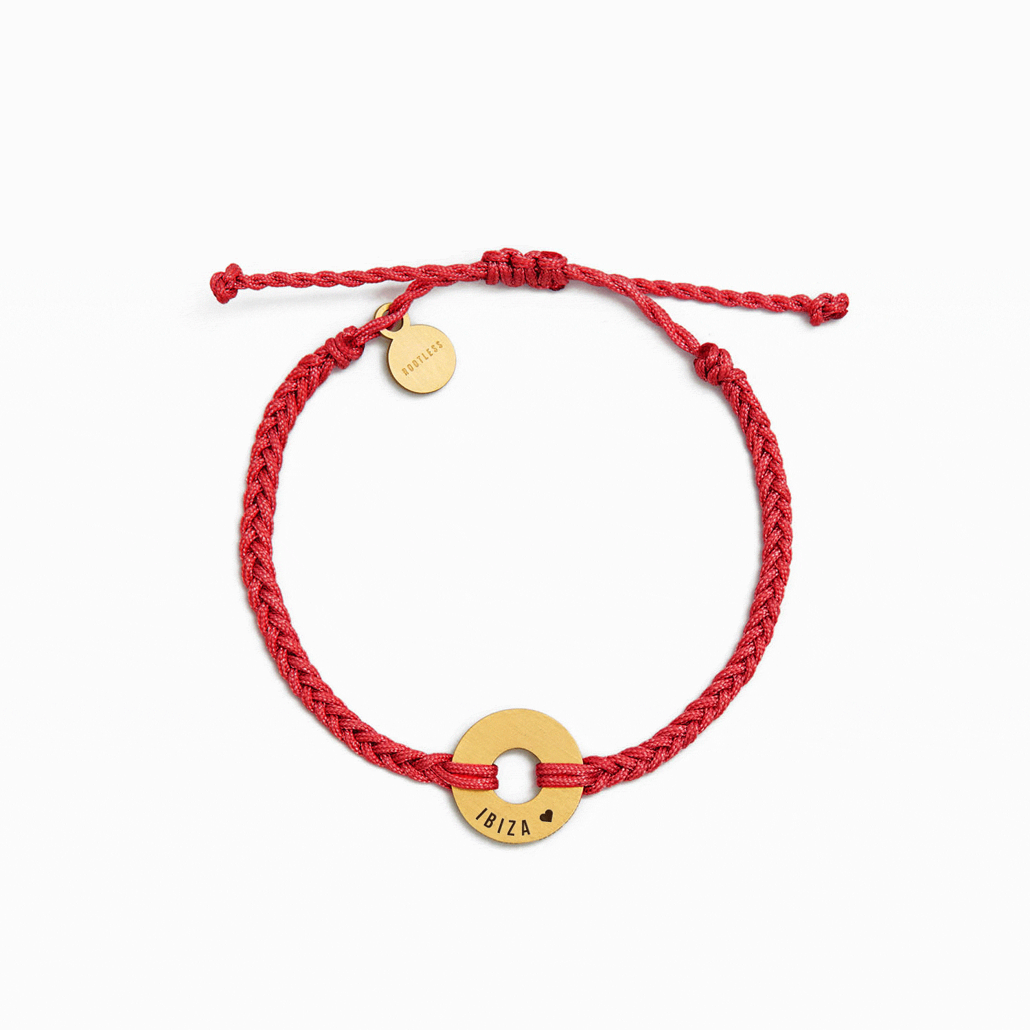 Pulsera MyWord® con cordón rojo trenzado, anilla dorada grabada y cierre corredizo