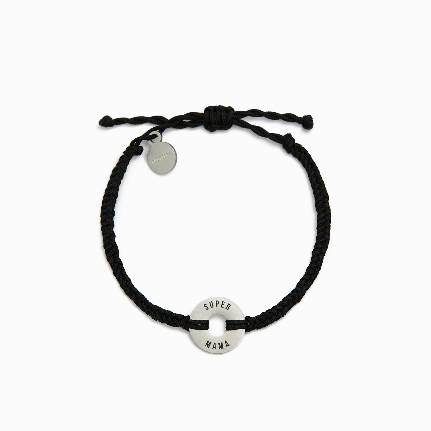 Pulsera MyWord® con cordón negro trenzado y anilla en acero grabada SUPER MAMÁ