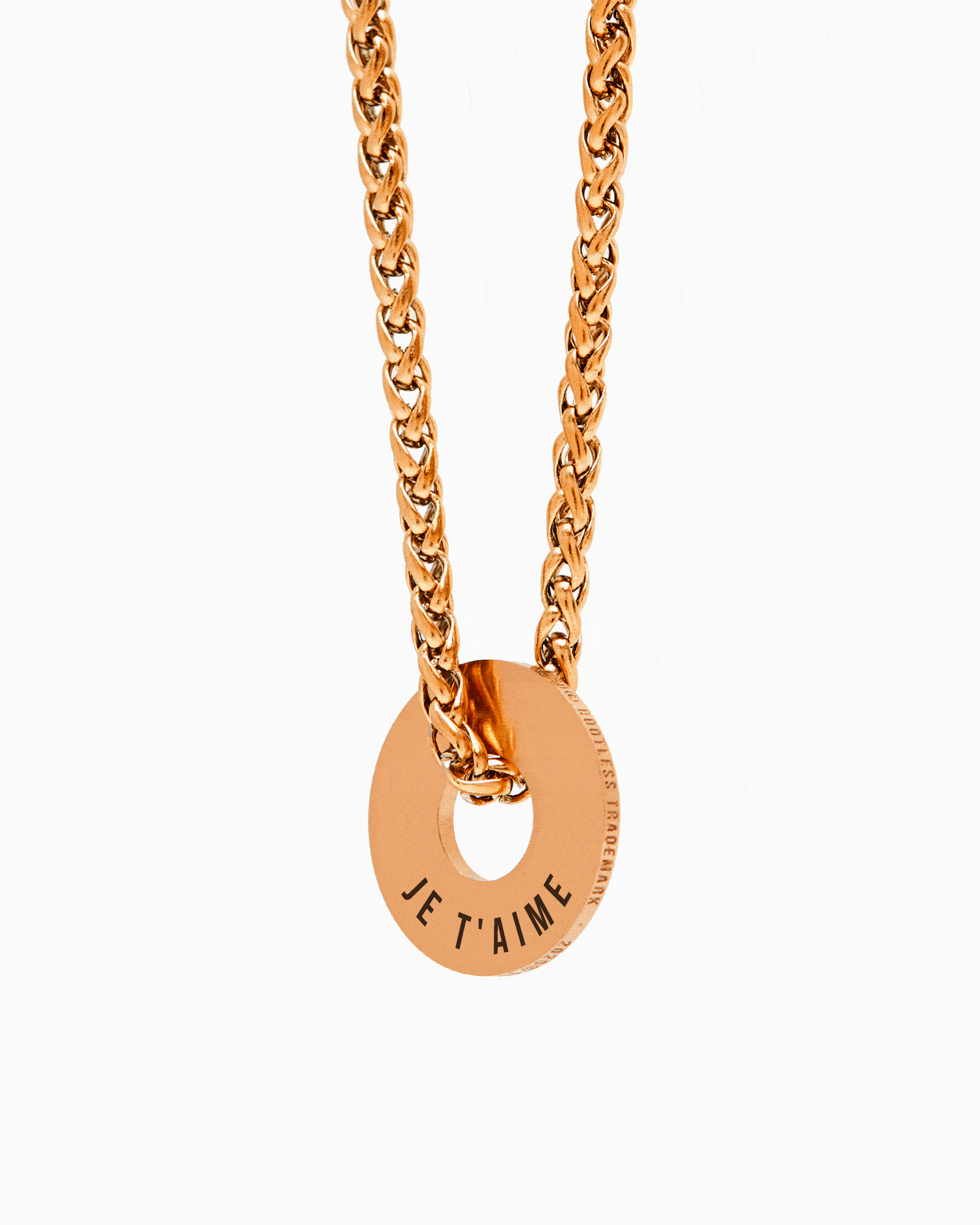 Anilla® en oro rosa con JE T'AIME grabado, montada en la cadena Native