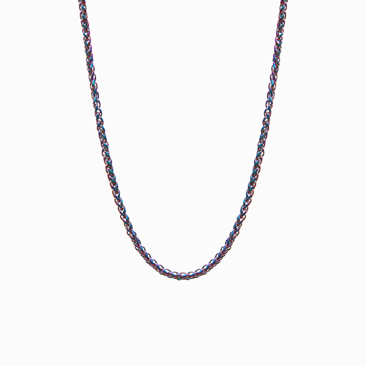 Collar Native en acabado arcoíris con eslabón trenzado, extendido en curva