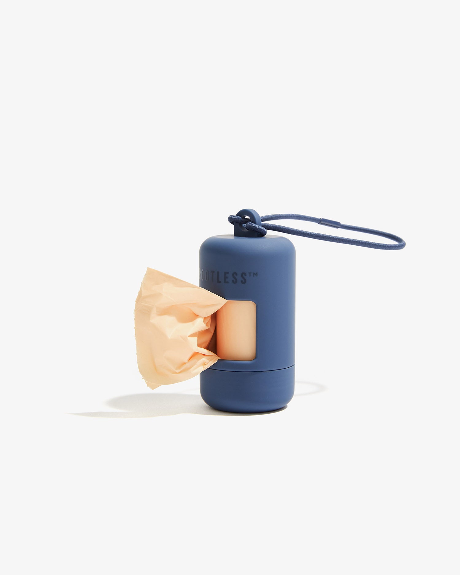 Portabolsas EasyFlex™ azul tumbado con una bolsa asomando por la abertura