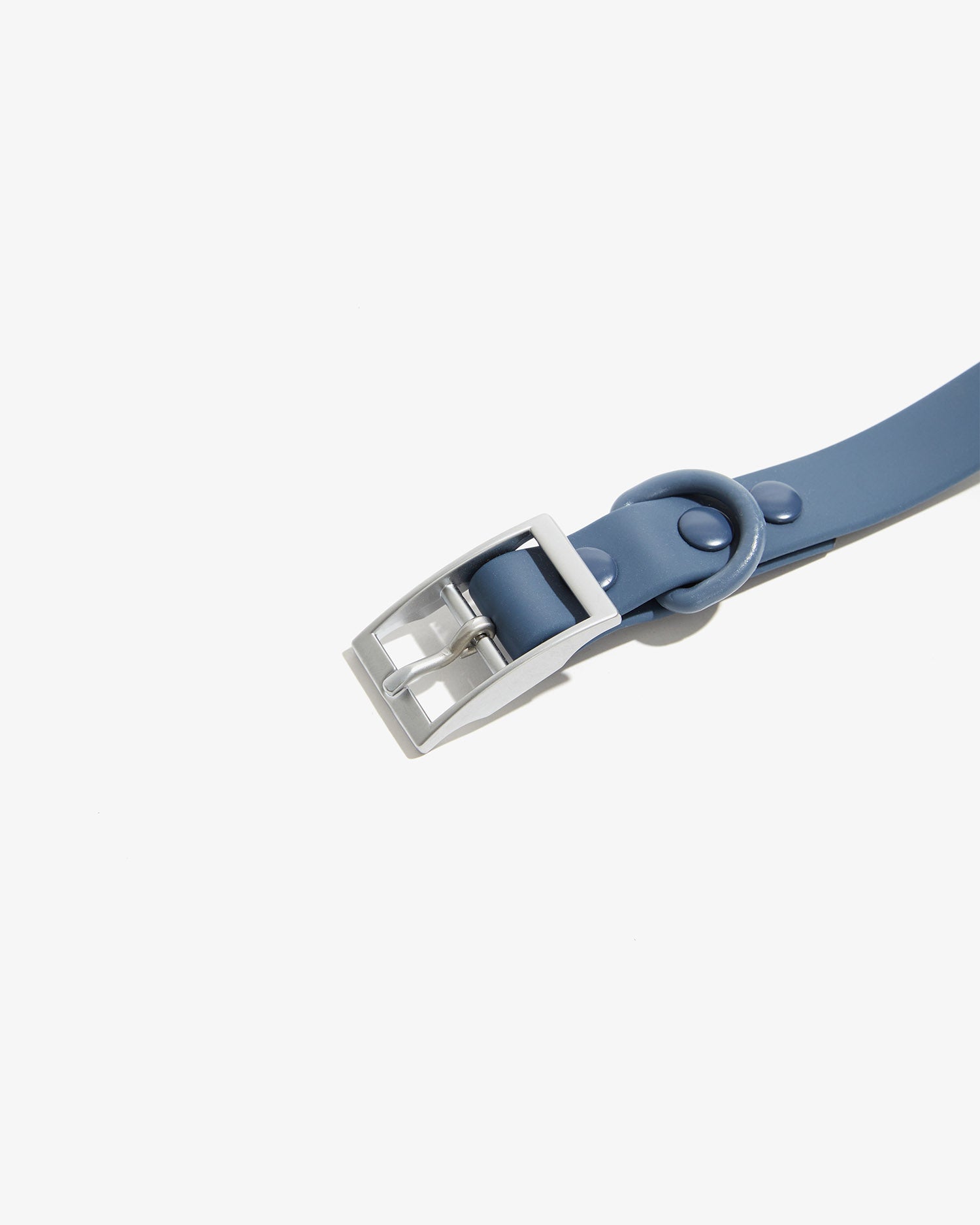 Detalle de la hebilla metálica y el pasador del collar EasyFlex™ azul
