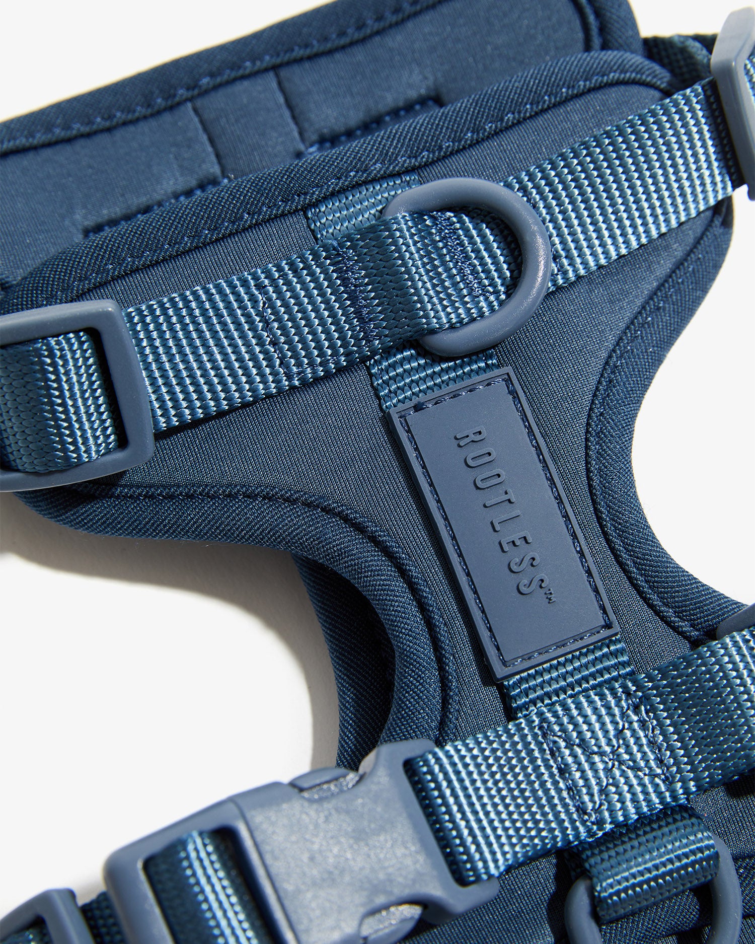 Detalle del arnés EasyFlex™ azul con anilla en D, cinchas y etiqueta ROOTLESS