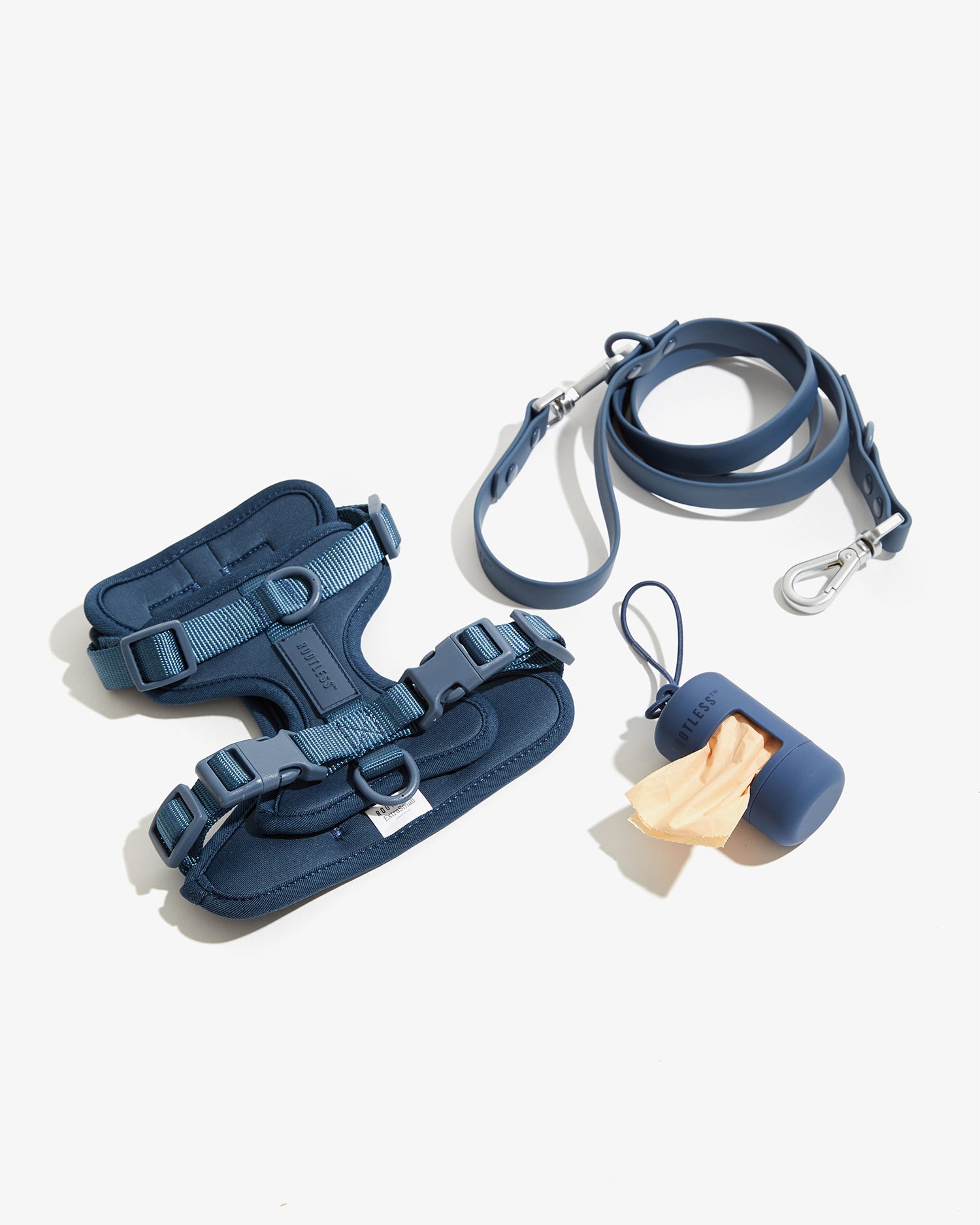Kit Paseo EasyFlex™ azul con arnés acolchado, correa y portabolsas