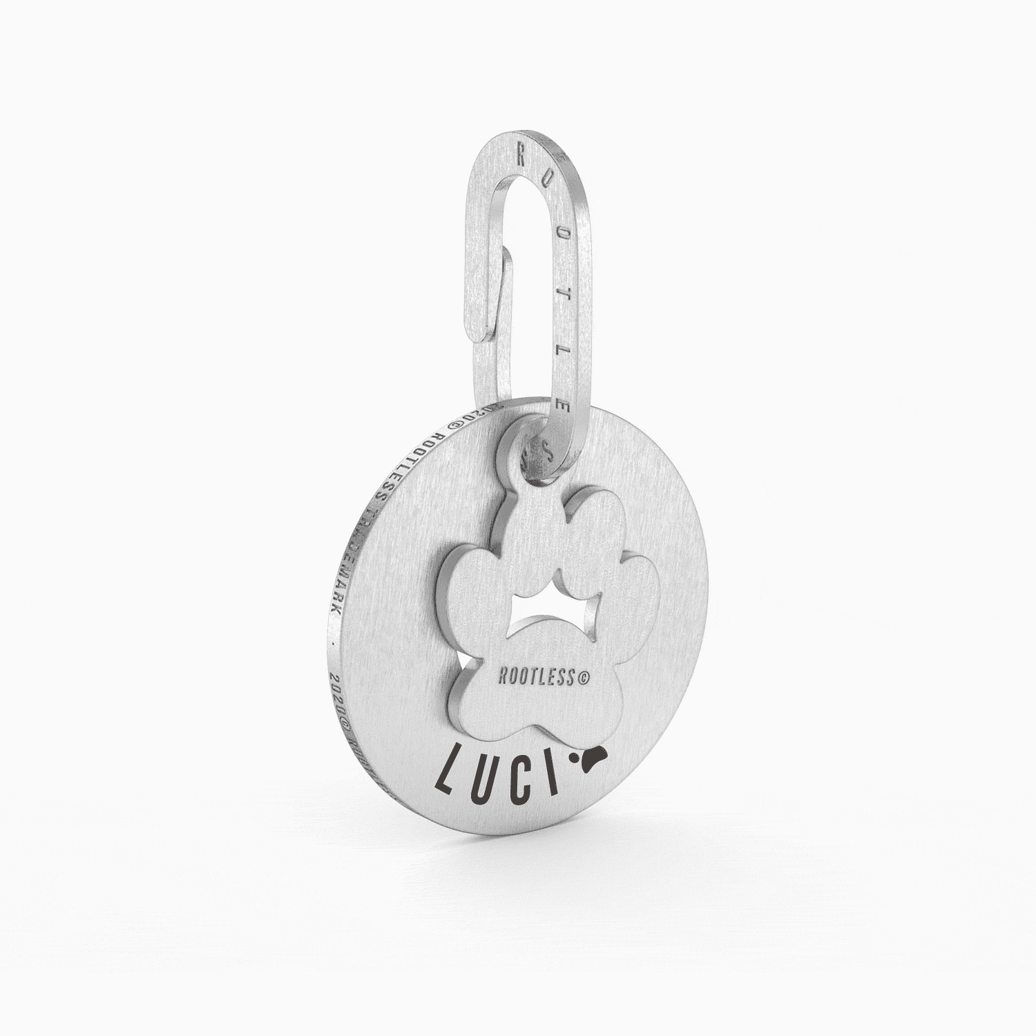 Placa PetID® en acero con charm de huella y el nombre LUCI grabado