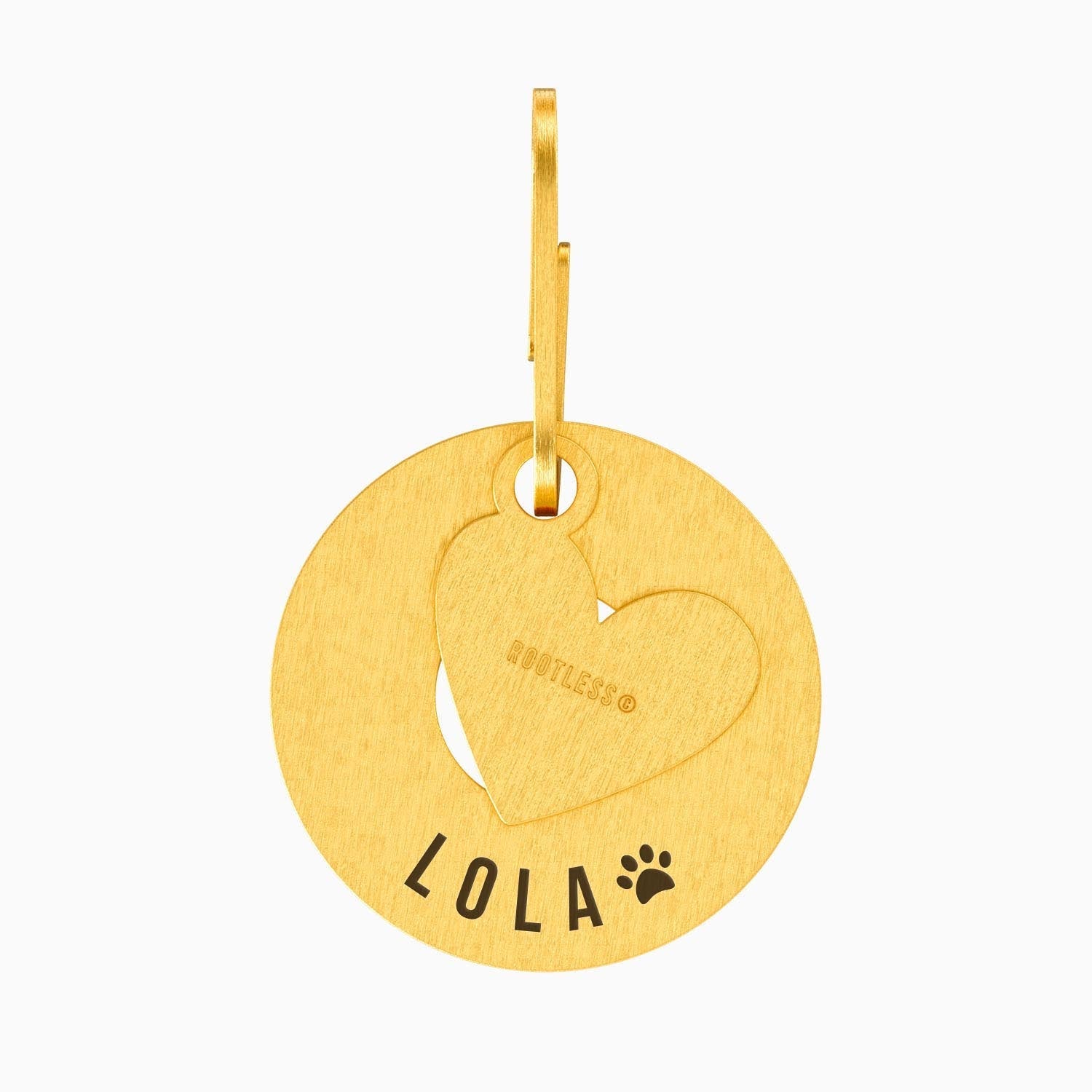 Placa PetID® dorada con charm de corazón y el nombre LOLA grabado