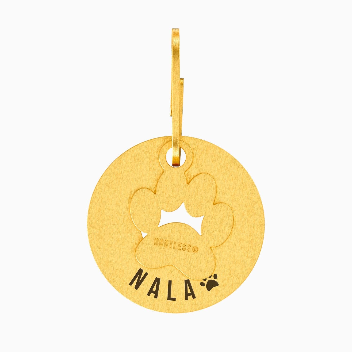 Placa PetID® dorada con charm de huella y el nombre NALA grabado