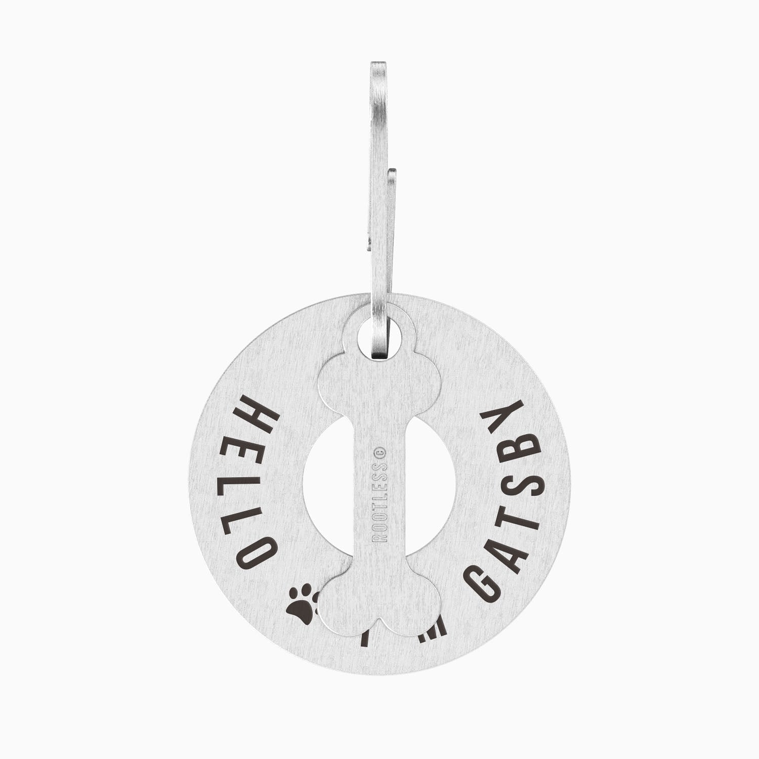 Placa PetID® con charm de hueso y el nombre GATSBY grabado alrededor